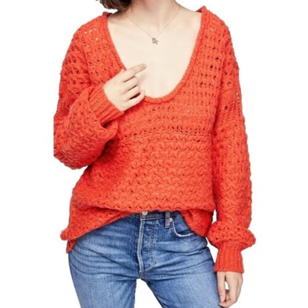 Free People Crashing Waves Pullover Knit Long Sleeve Orange Women’s Sweater Sz S